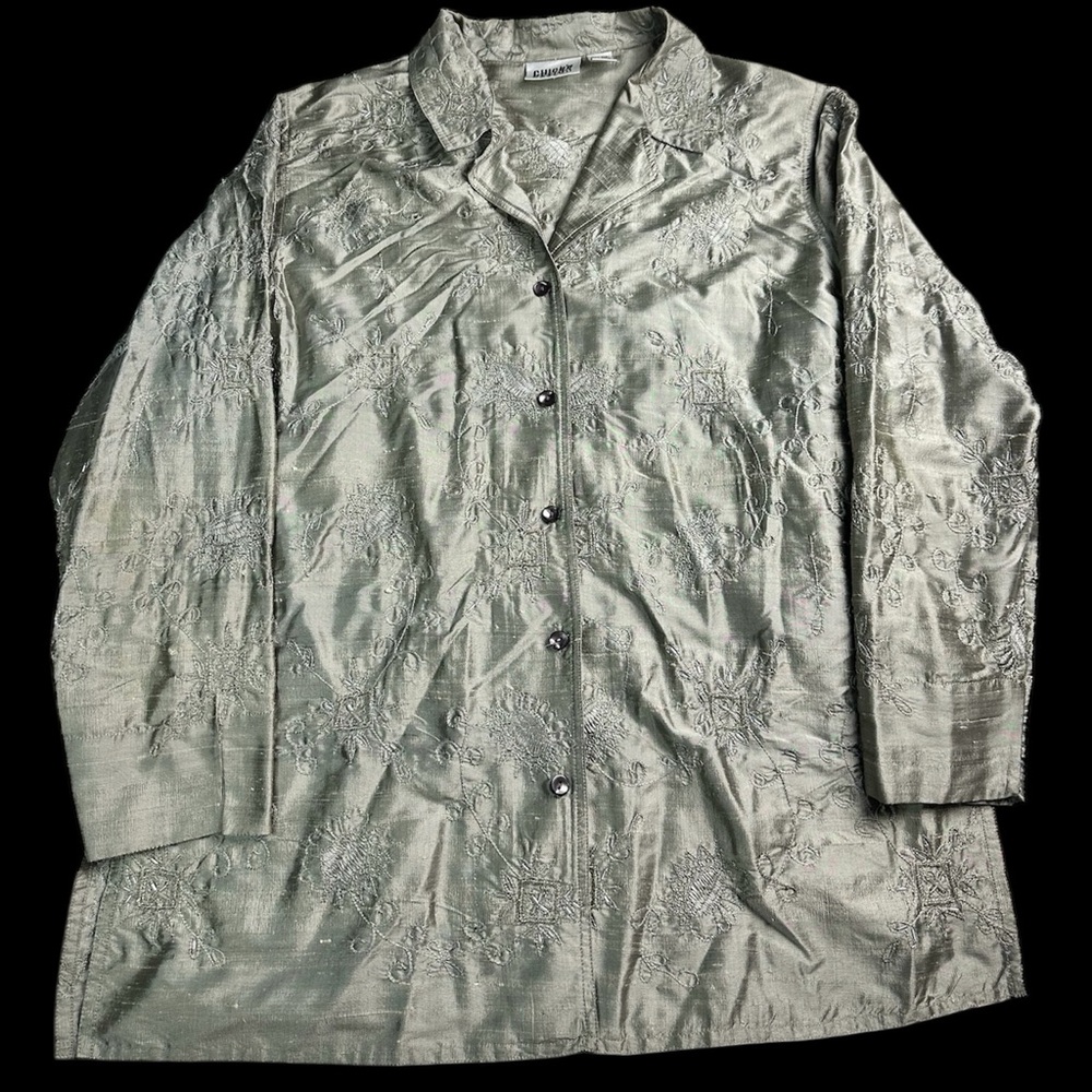 ✨ Chico’s Design Embroidered Silk Jacket Top‎ Taupe Sage Size 2 ✨